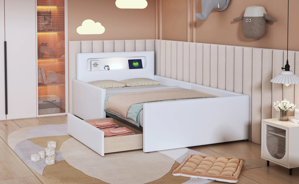 DESMIU Letto per bambini singolo con USB, luce notturna e cassetto 90 × 200 cm, senza materasso, bianco