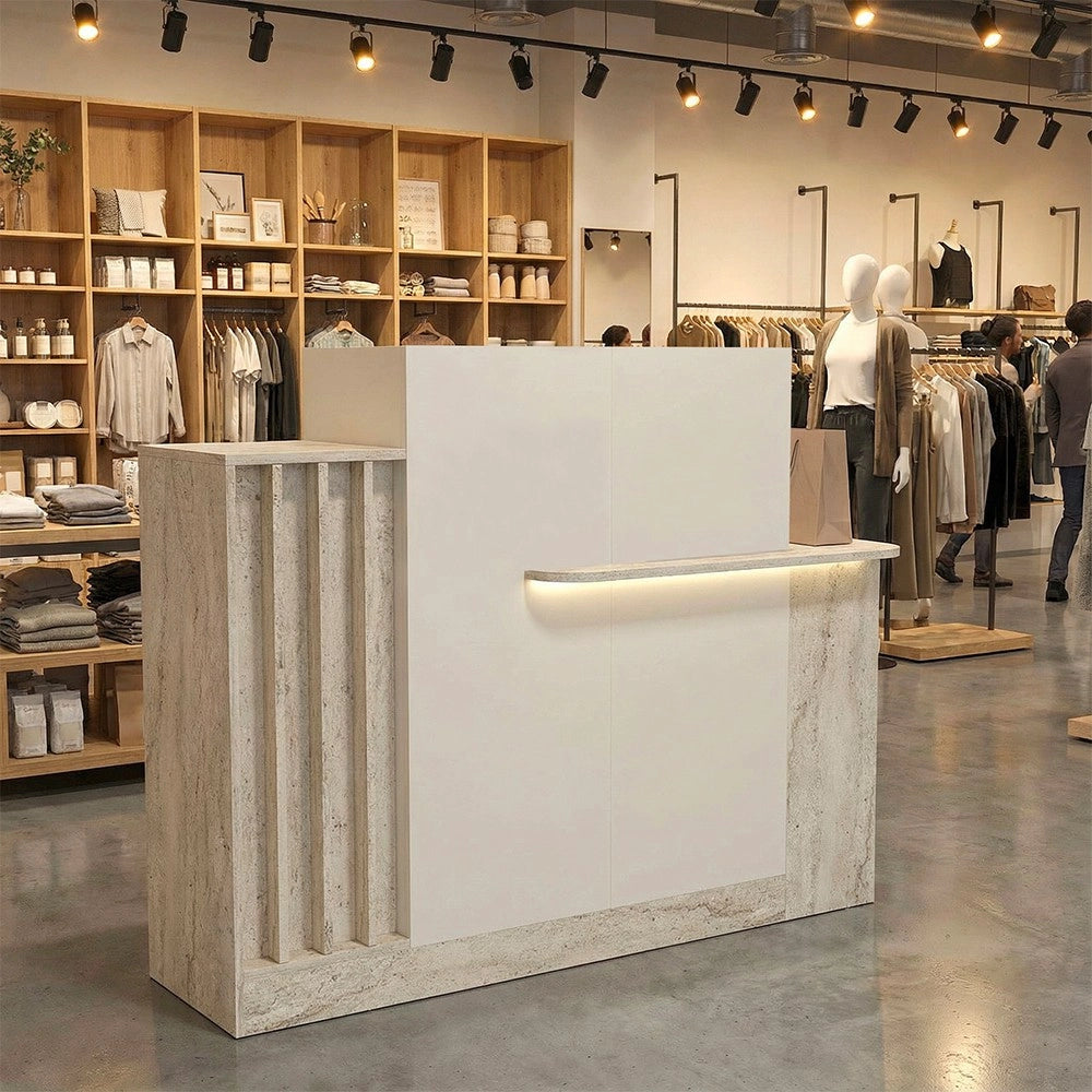 Bancone Reception Dayana 150 cm Cashmere e Travertino con LED – Design Moderno