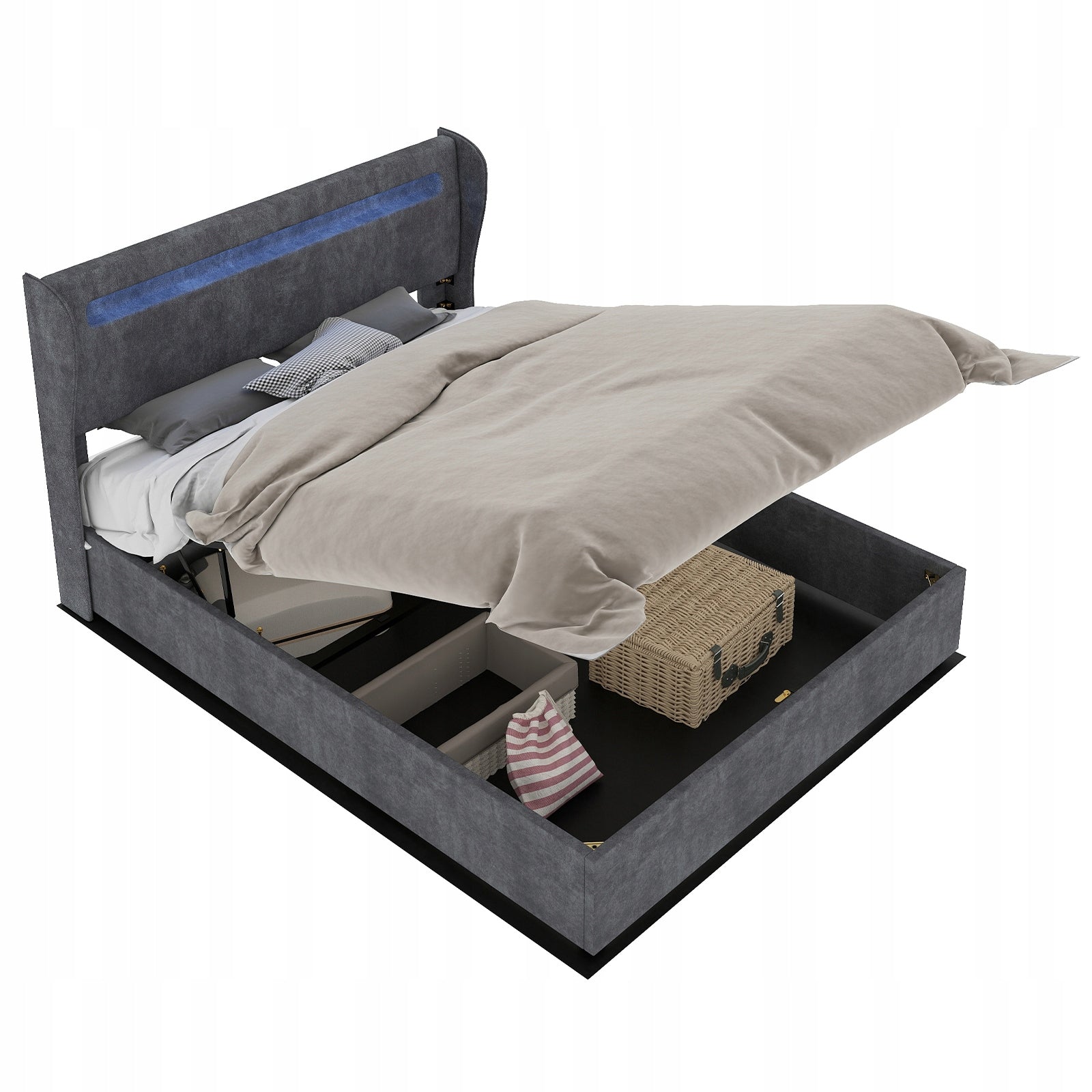 Letto imbottito 140x200 - Xylo - Grigio con LED e struttura sollevabile