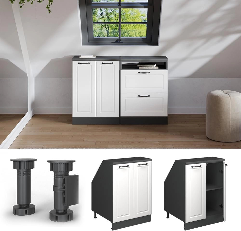 Mobile sottotetto Rion, Bianco casa di campagna, 60 x 81.6 cm con 2 porte, carcassa 60 cm profondità, adatto per il salvaspazio sotto tetti spioventi