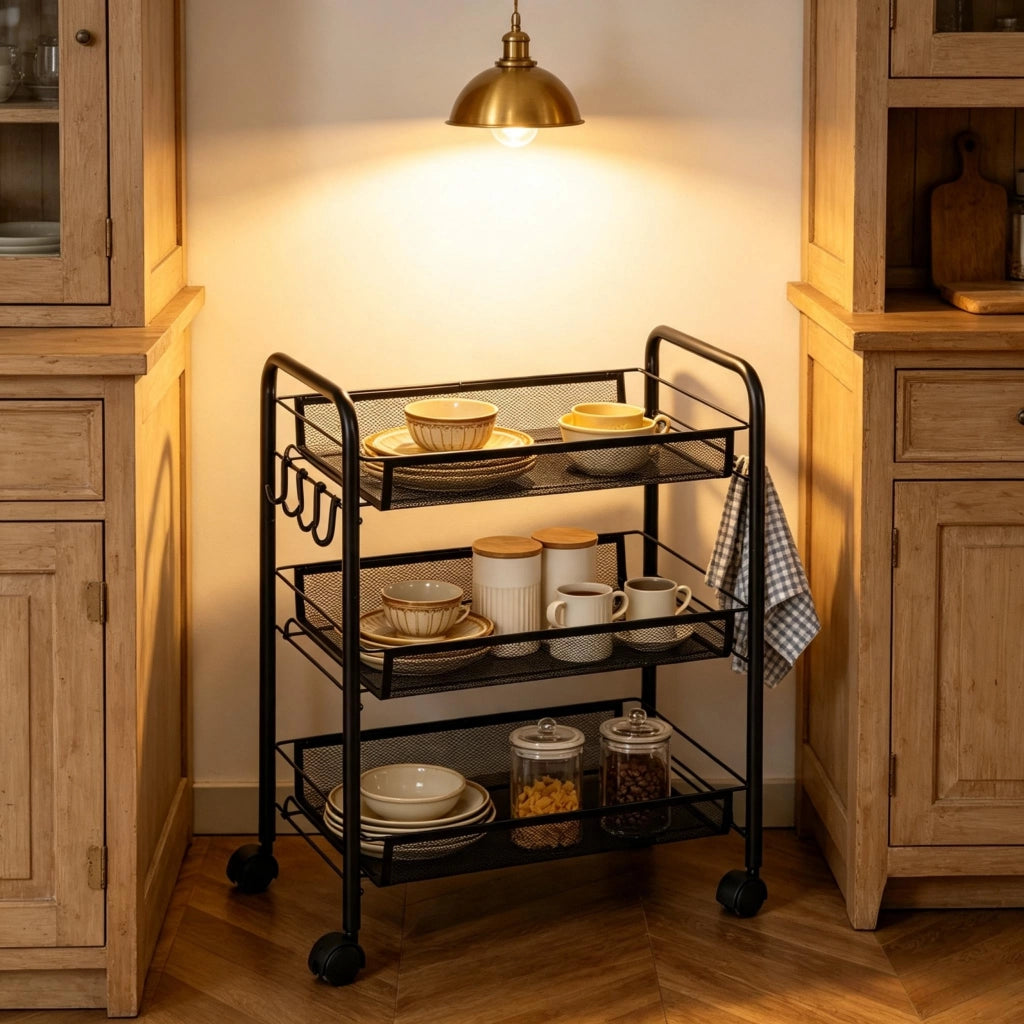 Carrello a tre ripiani con ruote, cestini in rete e ganci, carrello portaoggetti moderno, carrello da cucina versatile, elegante carrello con ripiani