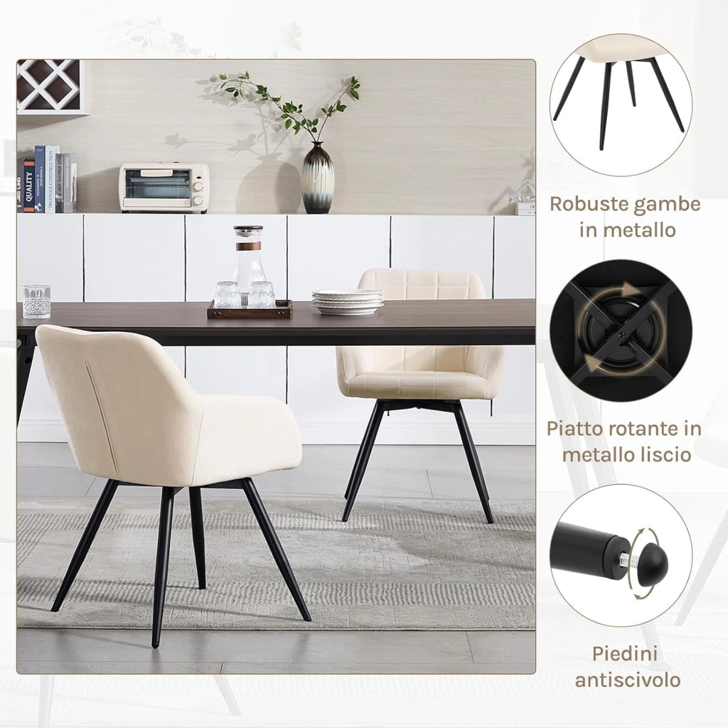 Sedia da Pranzo Girevole, Sedia da Cucina Ergonomica Imbottita in Velluto con Gambe in Metallo, Poltrona per Salotto, Ufficio, Camera da Letto, Balcone, Beige, EZS85be-1