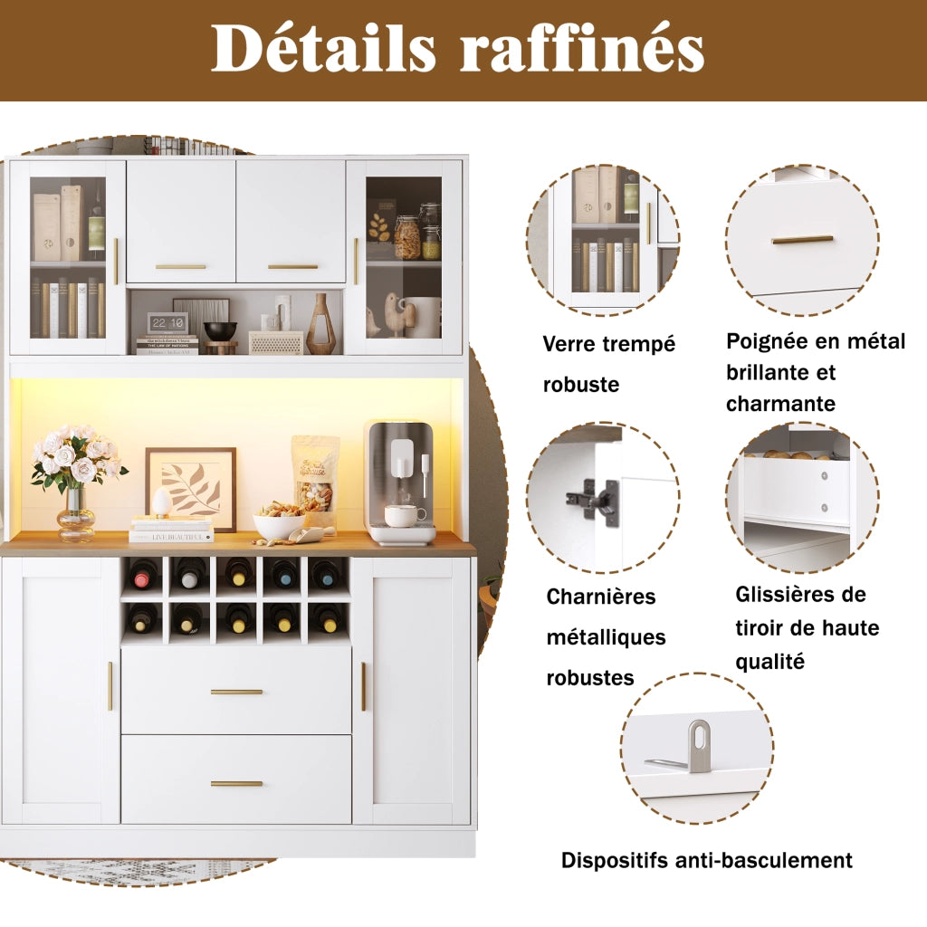Credenza da Cucina con 6 Ante; 2 Cassetti; Portabottiglie; LED e Prese USB; in MDF; 120x36;3x180 cm; Bianco