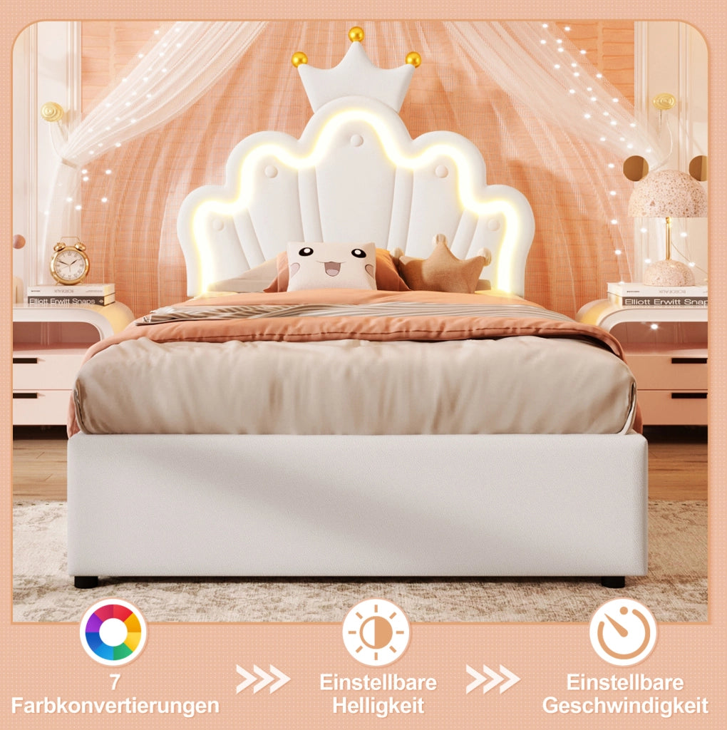 Letto imbottito 90x200 cm in PU bianco con LED; testiera regolabile e contenitore idraulico