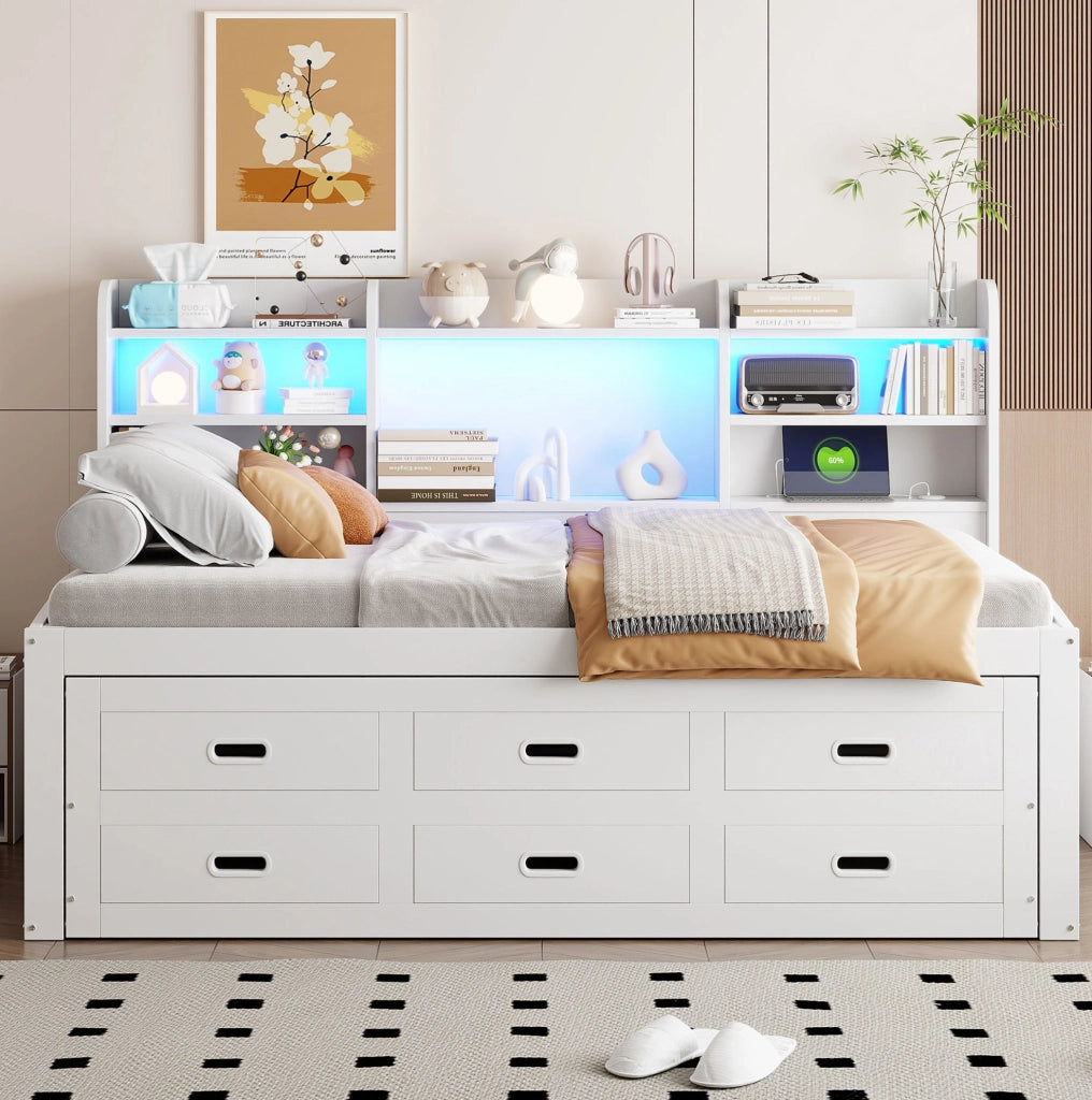 Letto da giorno estraibile ULEVR 90x200 cm con LED, 3 cassetti, USB e Type-C, bianco