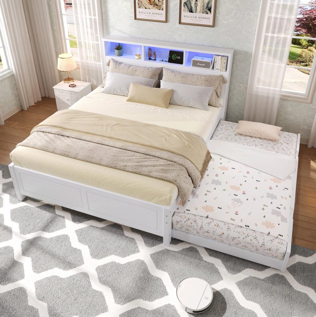 Letto multifunzione bianco con letto estraibile, LED e presa integrata