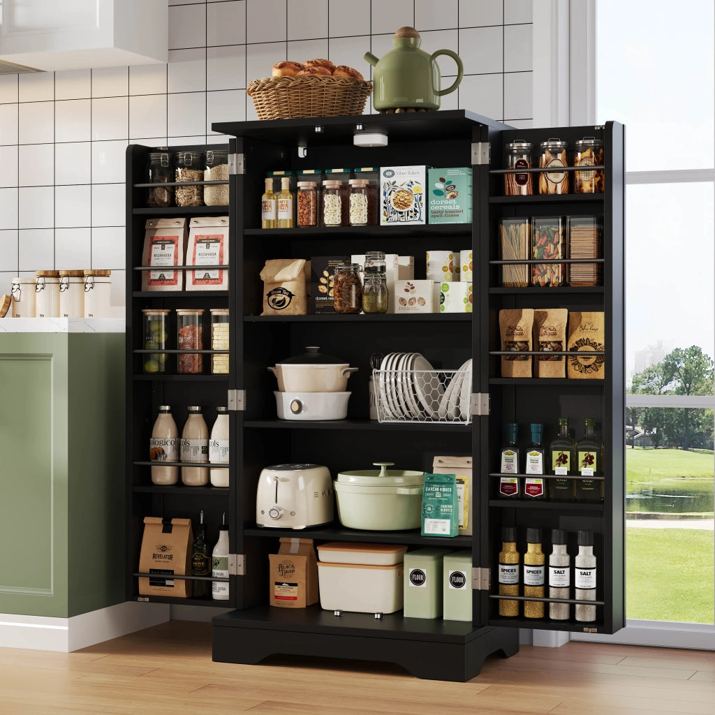 Mobile Dispensa 60x40x120 cm Nero con LED Sensore; 2 Ante; Ripiani Regolabili e Portaoggetti