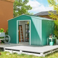 Casetta Porta Attrezzi in Acciaio con Tetto Inclinato e 2 Porte Scorrevoli, 277x195x192 cm, Verde Scuro