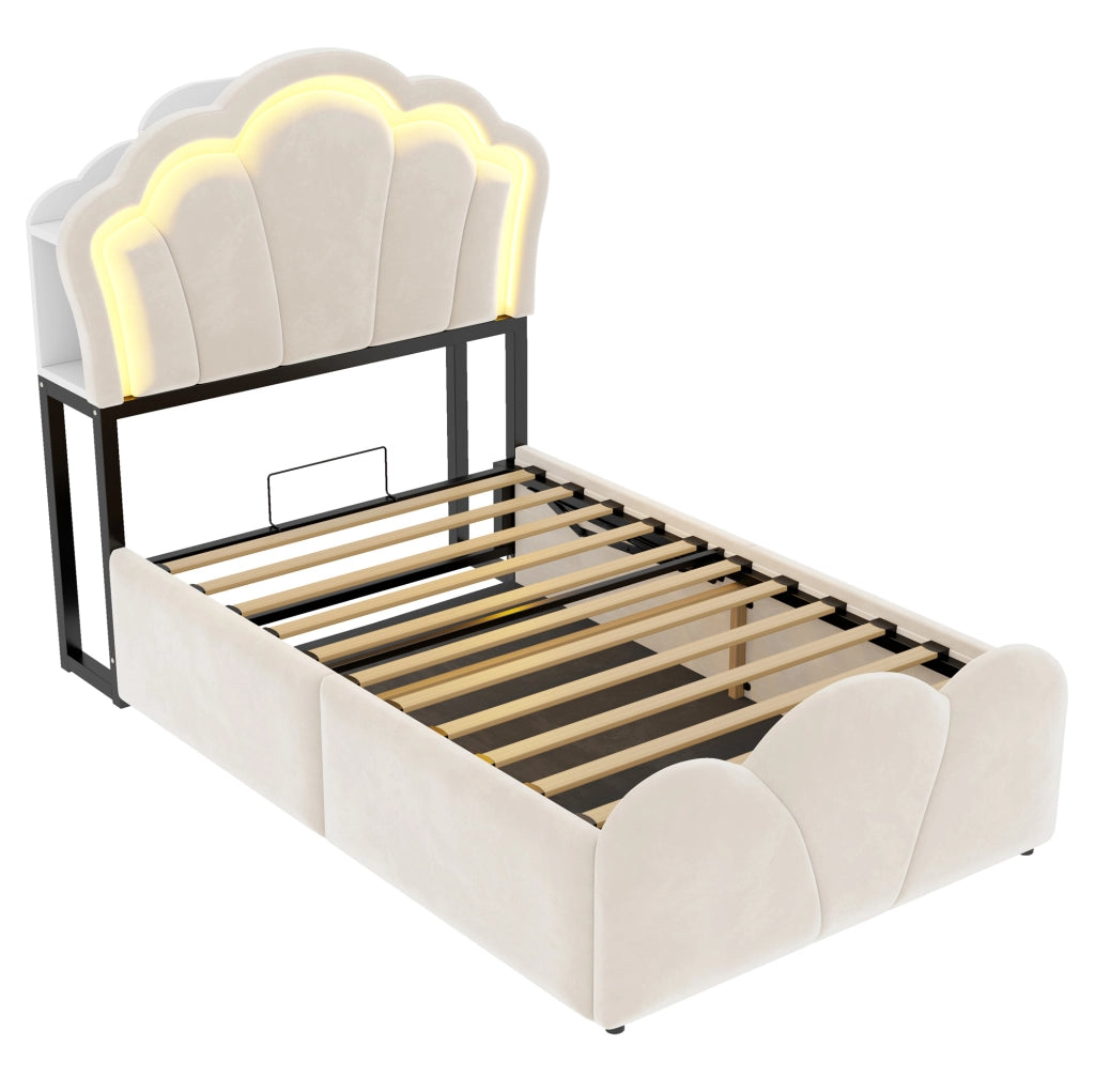 Letto imbottito 90x200 cm in velluto beige con contenitore idraulico; LED e prese integrate
