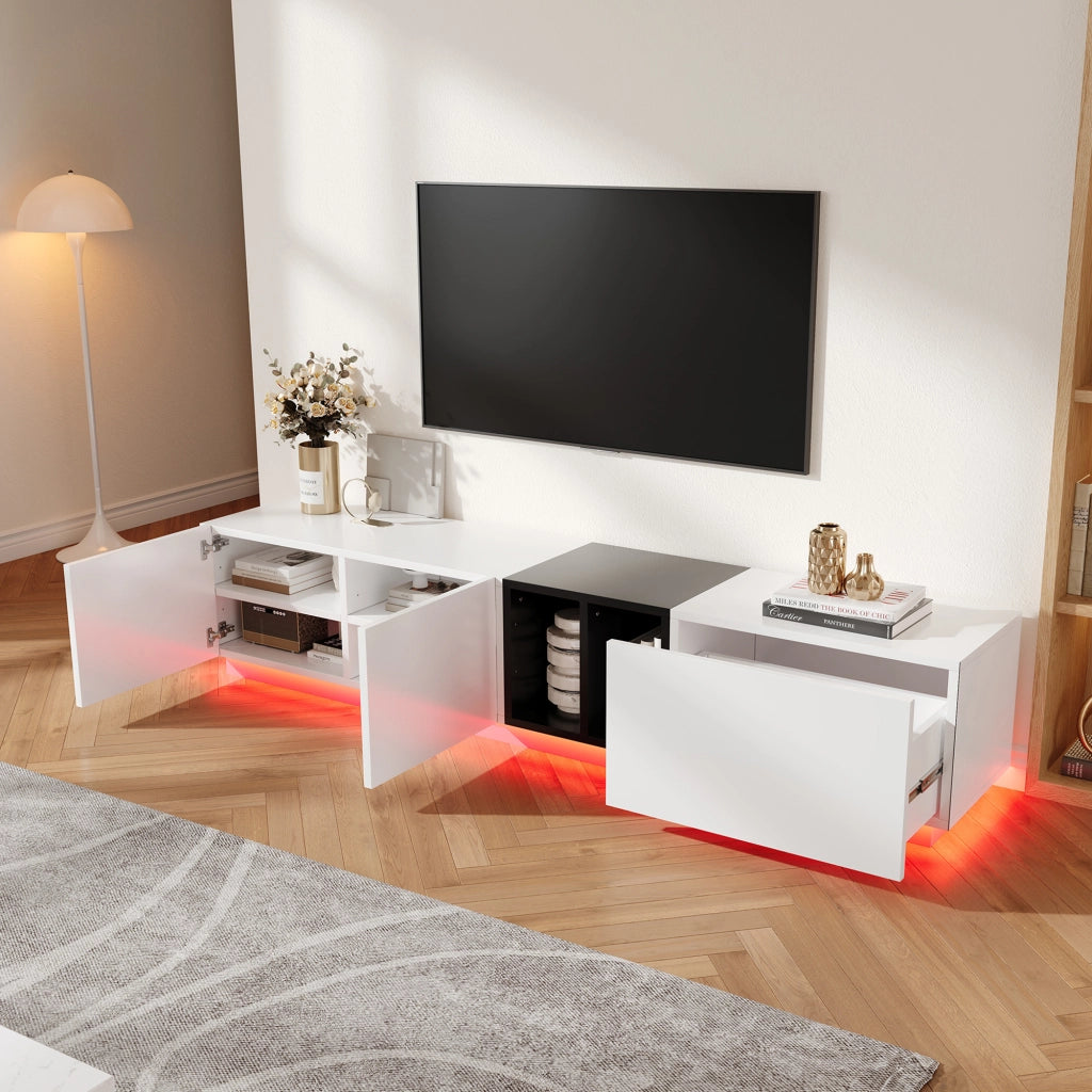 Mobile TV moderno in bianco e nero - Zephmum - Design sobrio con cassetti e ripiani aperti, robusto e facile da pulire