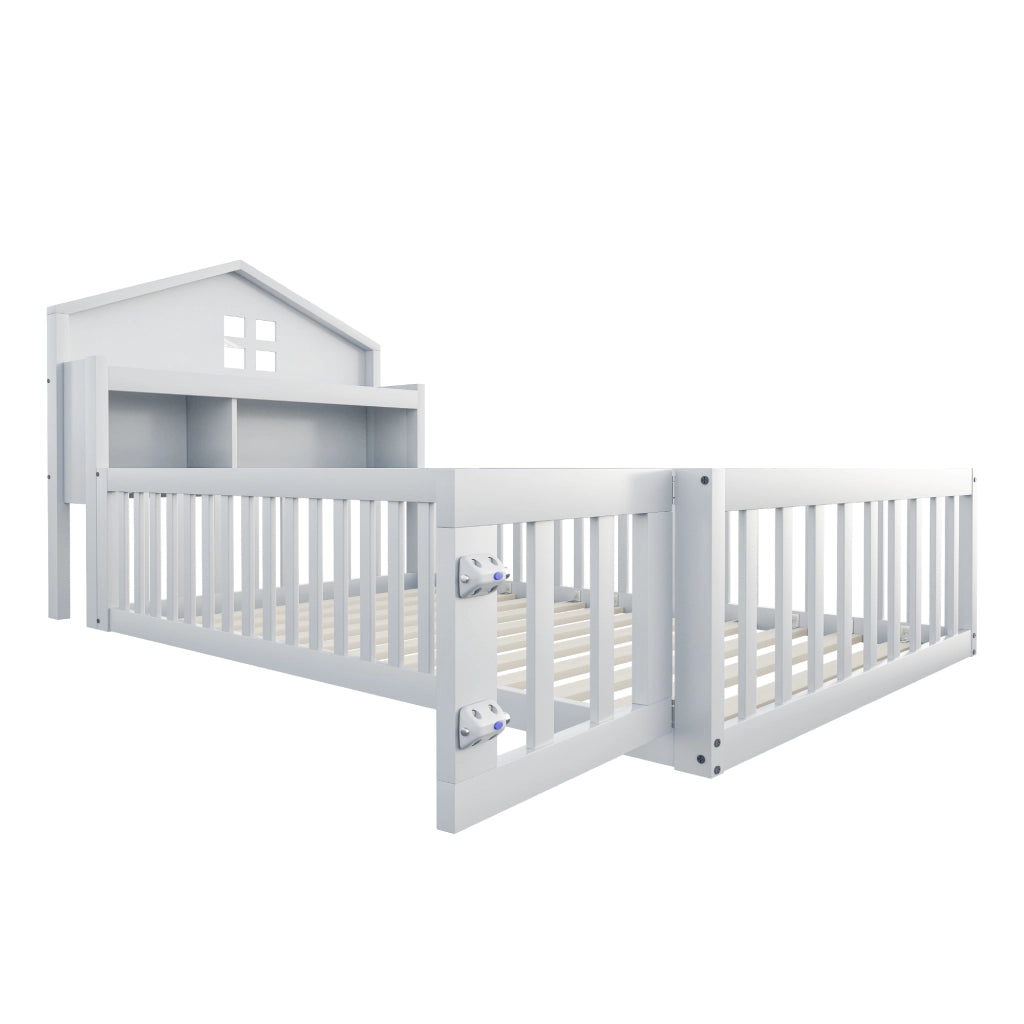 DESMIU Letto per Bambini 90 × 200 cm 1 Posto con Sponda, Porta e Ripiani, senza Materasso, in Legno Massello, Bianco