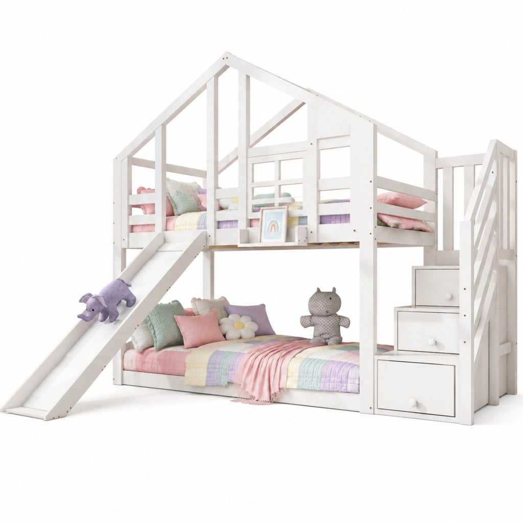 Letto a castello per bambini 90x200 cm in legno massello e MDF, bianco, con scivolo e contenitore