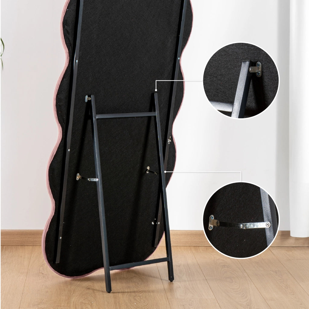 Specchiera da Terra 170x70 cm Design Ondulato Rivestita in Velluto con Supporto in Metallo Specchio Figura Intera Moderno per Camera da Letto Soggiorno Cabina Armadio Rosa