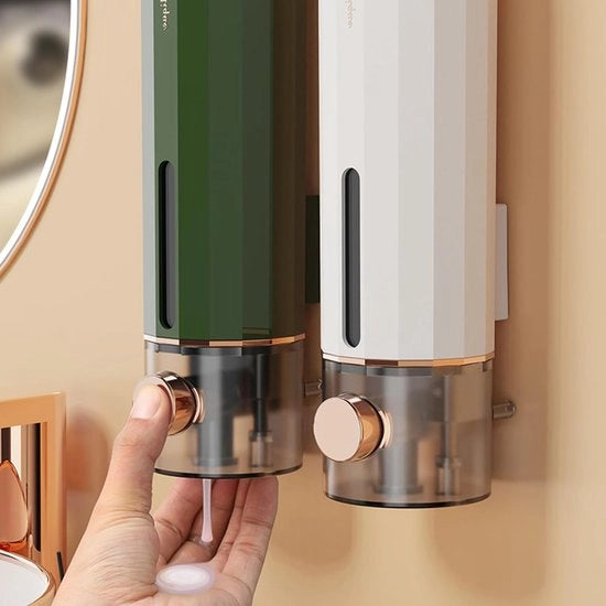 Dispensatore di Sapone da Parete Pack di 2 - 450 ml di Capacità, Senza Forare - Dispensatore Manuale per Sapone, Disinfettante, Gel doccia, Shampoo, Sapone per Mani (Bianco)