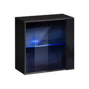 Vetrina nera quadrata sospesa con 1 porta a vetro e illuminazione LED inclusa. Collezione SWITCH.