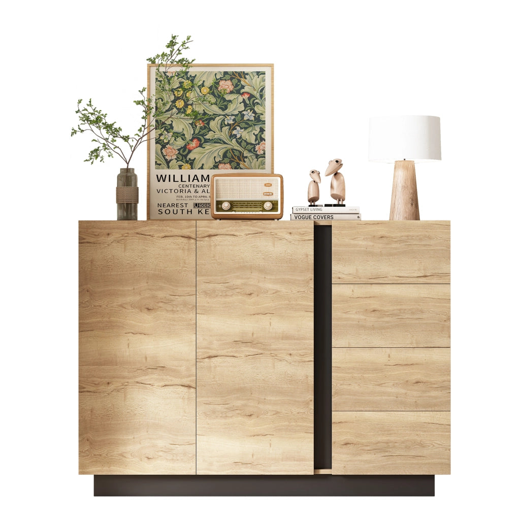 Com¨°, dispensa, credenza - Zephmum - 4 cassetti, 2 ante, nero e tonalit¨¤ naturali, 120x35.5x90.5 cm