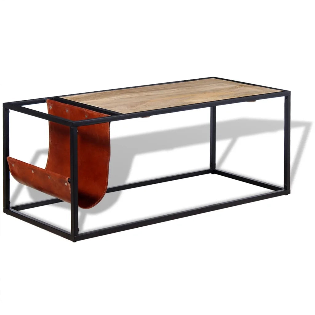 Tavolino da CaffÃ¨ in Vera Pelle con Portariviste 110x50x45 cm