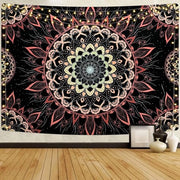 Tappeto da Parete Mandala in Stile Hippie Bohemiano Indiano | Decorazione per Camera da Letto e Salotto | Nero e Arancione | 210 x 150 cm