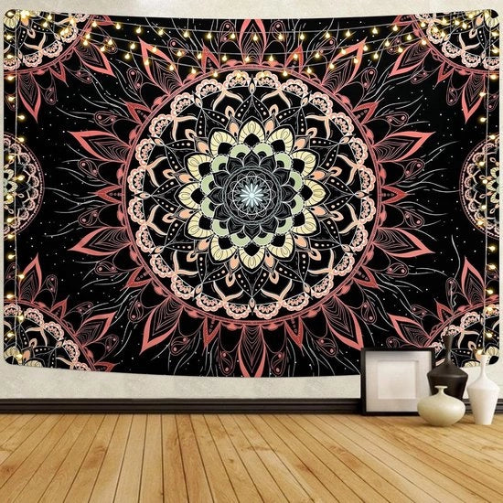Tappeto da Parete Mandala in Stile Hippie Bohemiano Indiano | Decorazione per Camera da Letto e Salotto | Nero e Arancione | 210 x 150 cm