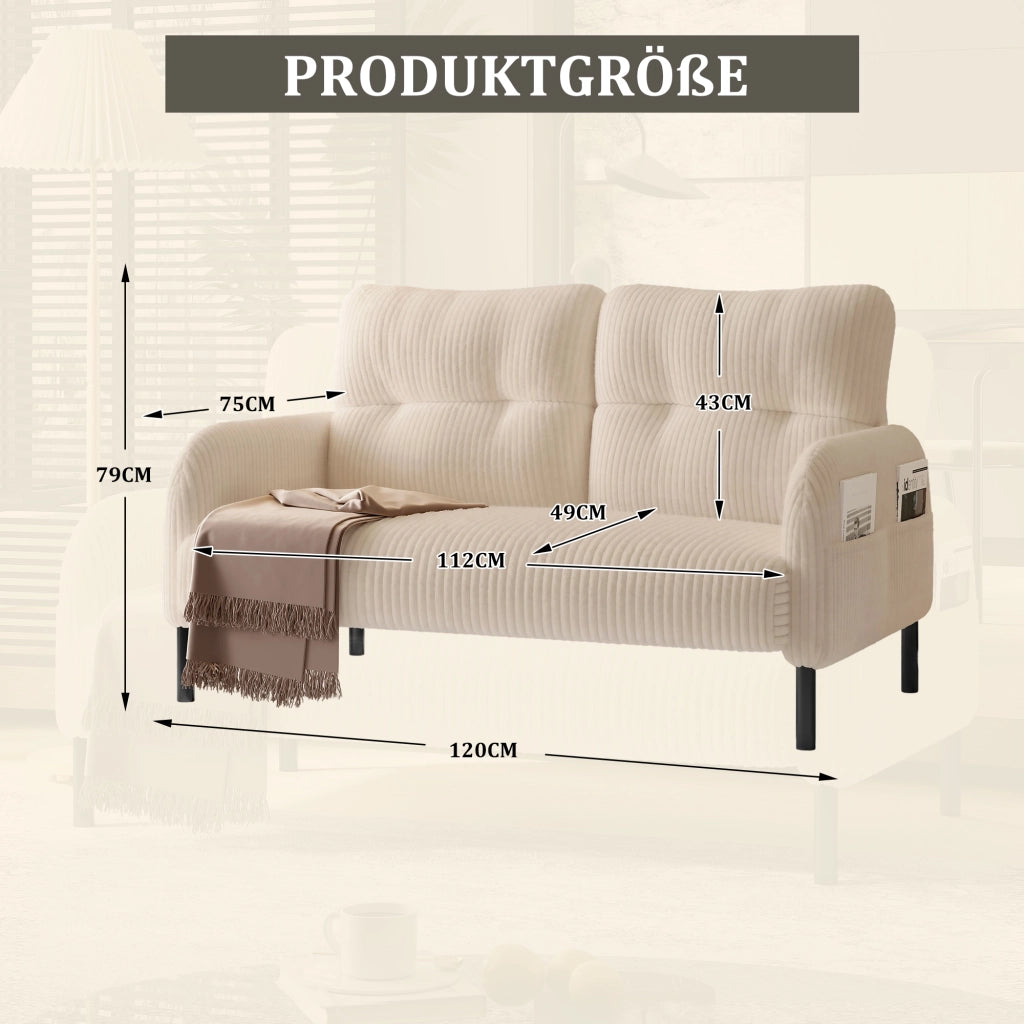 Divano 2 Posti con Schienale Ergonomico e Tasca Laterale, in Velluto a Coste Beige 120 × 75 × 79 cm