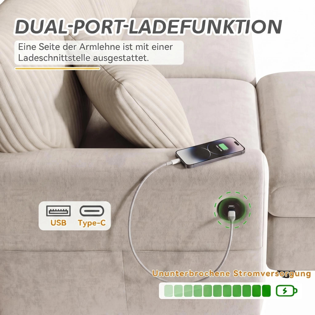 Desviae Divano dritto con 1 porta USB 1 porta Type-C 2 cuscini e pouf in chenille e velluto a coste beige