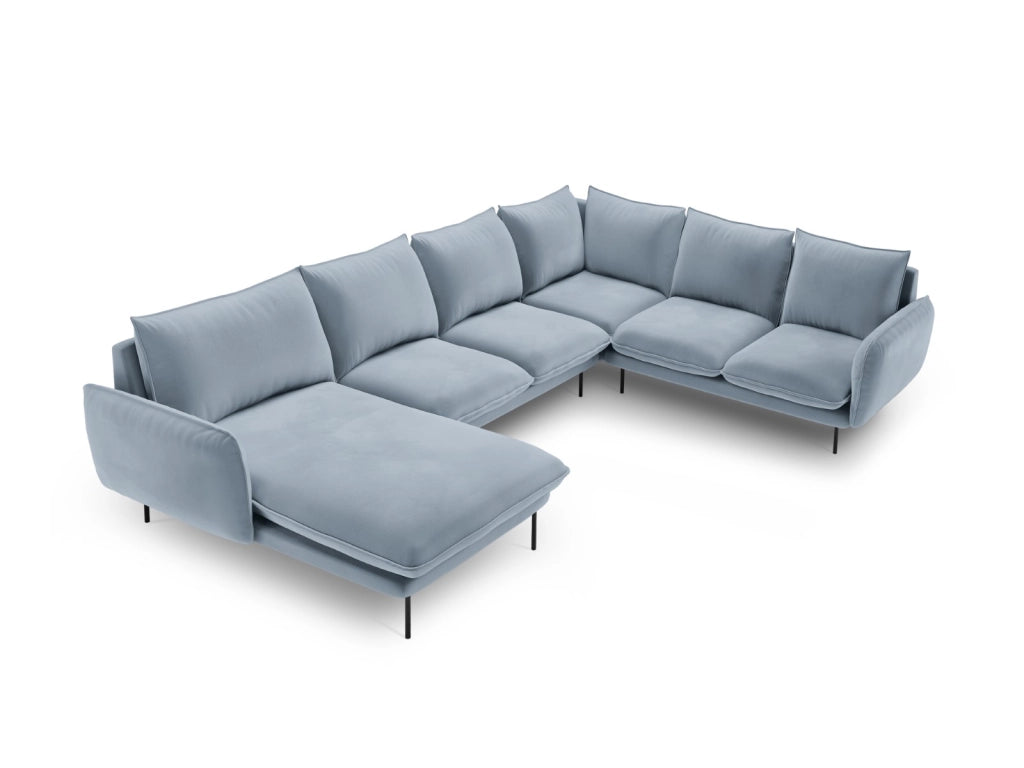 Cosmopolitan Design - Divano panoramico destro "Vienna" 7 posti in velluto azzurro 
