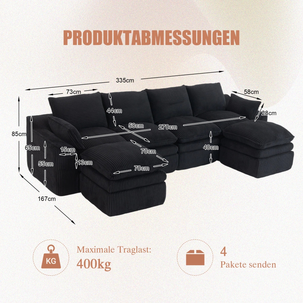 Divano modulare in velluto a coste nero con tasche laterali; cuscini e molle interne 335 × 167 × 85 cm