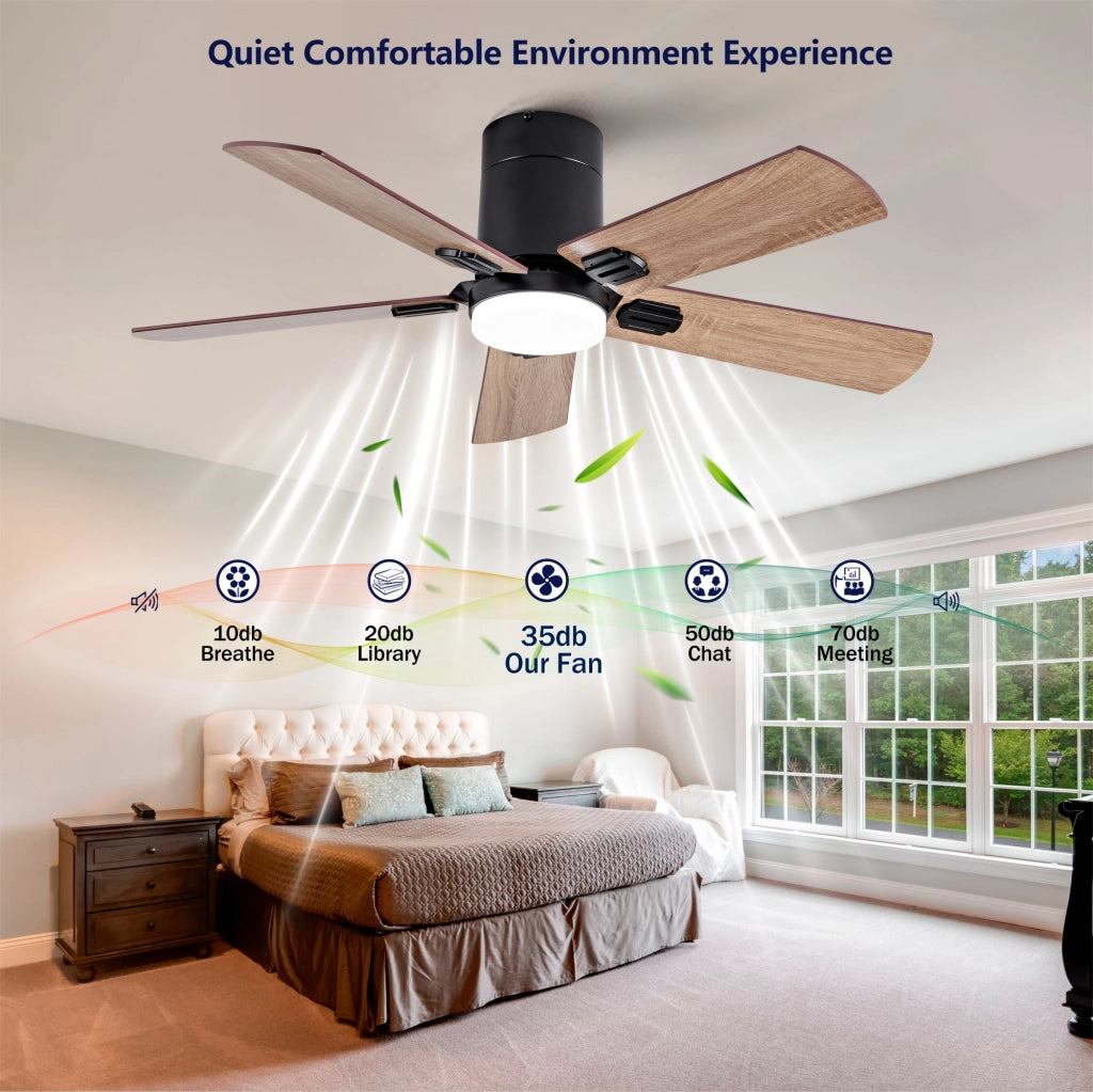 Ventilatore da soffitto a filo con luce dimmerabile e telecomando, motore DC reversibile nero e noce scuro