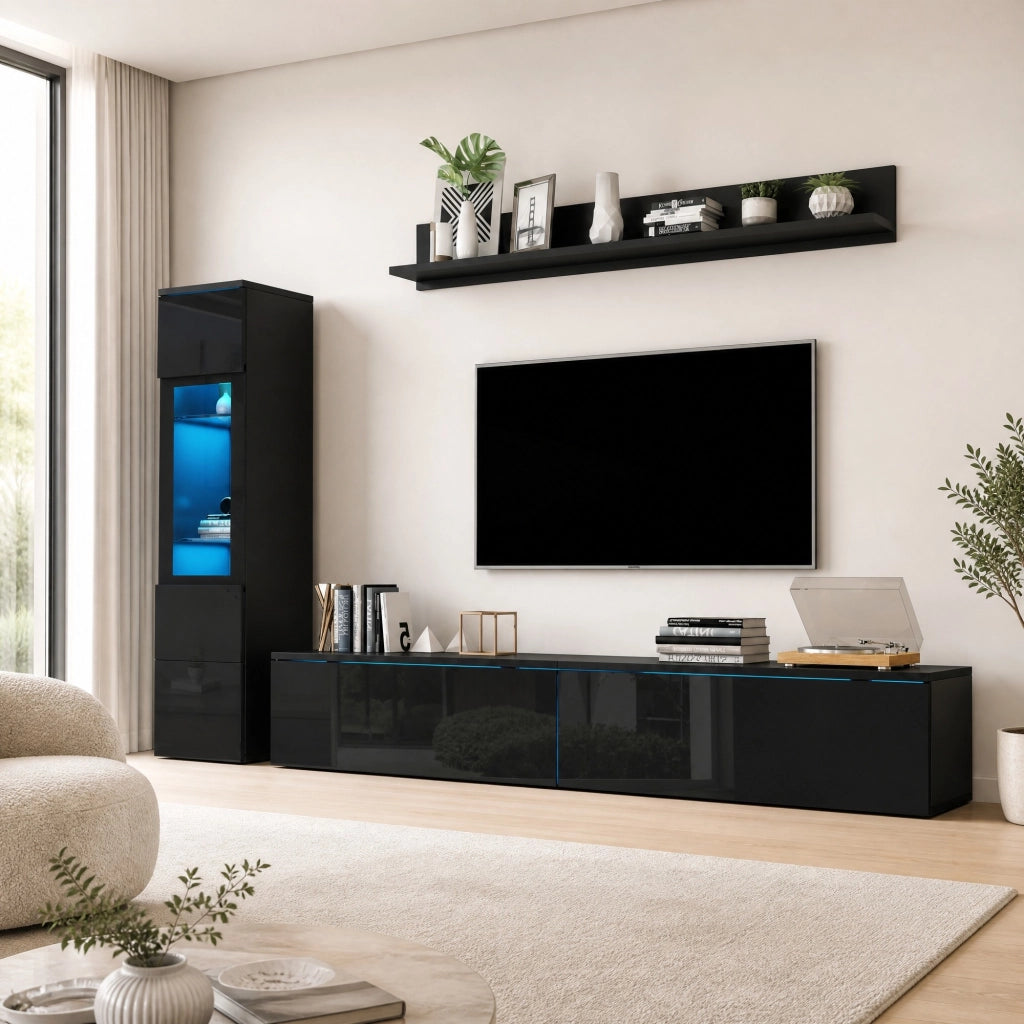 PARETE ATTREZZATA 3 pezzi con LED 180 cm Nero lucido