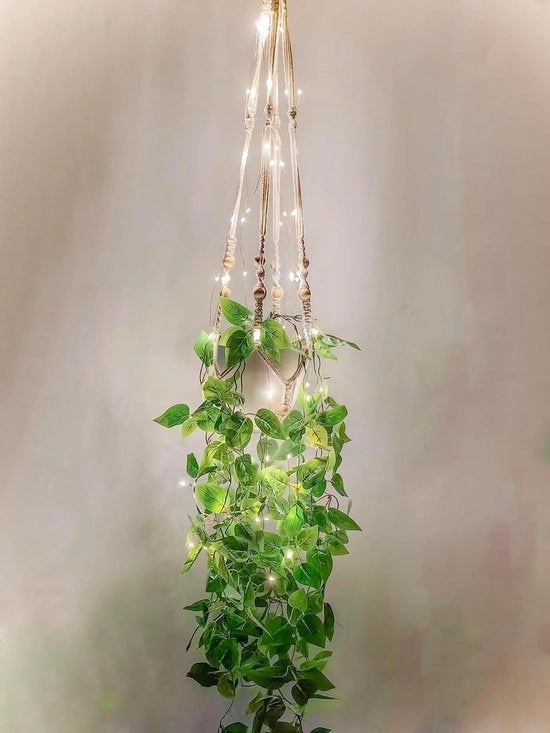 Pianta da parete con vaso e lampioncini LED, piante artificiali da parete, decorazione boho per piante da parete, cesto di fiori in macramé con pianta artificiale, pianta da parete appesa per interni, soggiorno, balcone