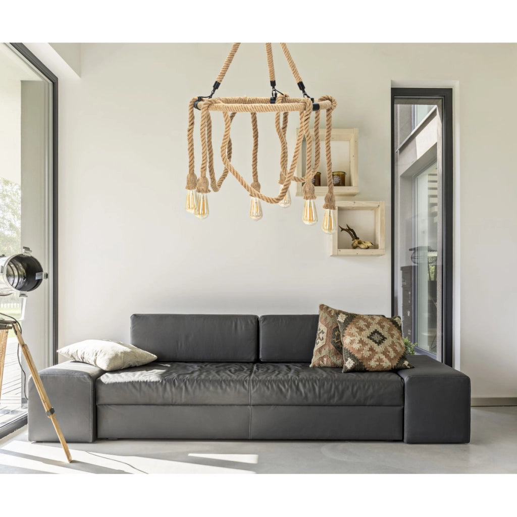 Lampada a Sospensione VKH75, Marrone, Corda, 64x64x90 cm
