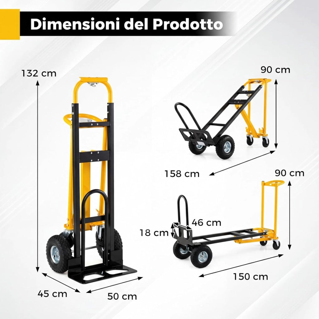 Carrello a Mano 3 in 1, Carrello Pieghevole Trasportatore in Acciaio con Ruote in Gomma Pneumatiche e Manico Ergonomico, Carico 136 kg, per Uso Domestico, Industriale e Magazzino