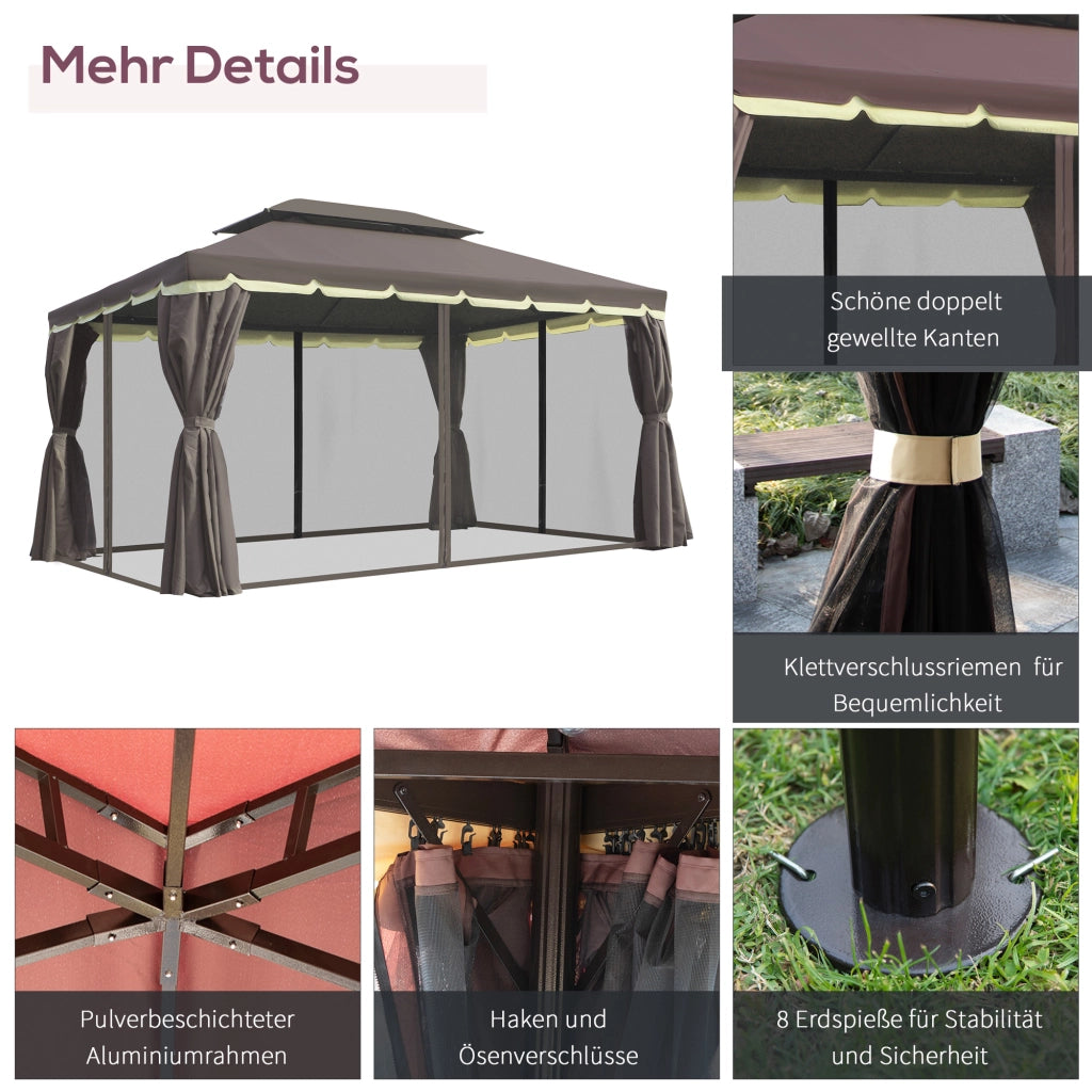 Pavillon da giardino in alluminio e policarbonato con tende e zanzariera coffee 195 × 390 × 290 cm