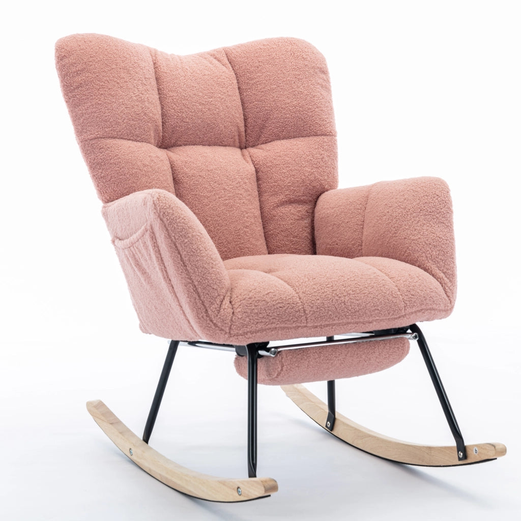 Sedia a Dondolo con Poggiapiedi Pieghevole; Schienale Alto Ergonomico e Braccioli Imbottiti; in Teddy Rosa