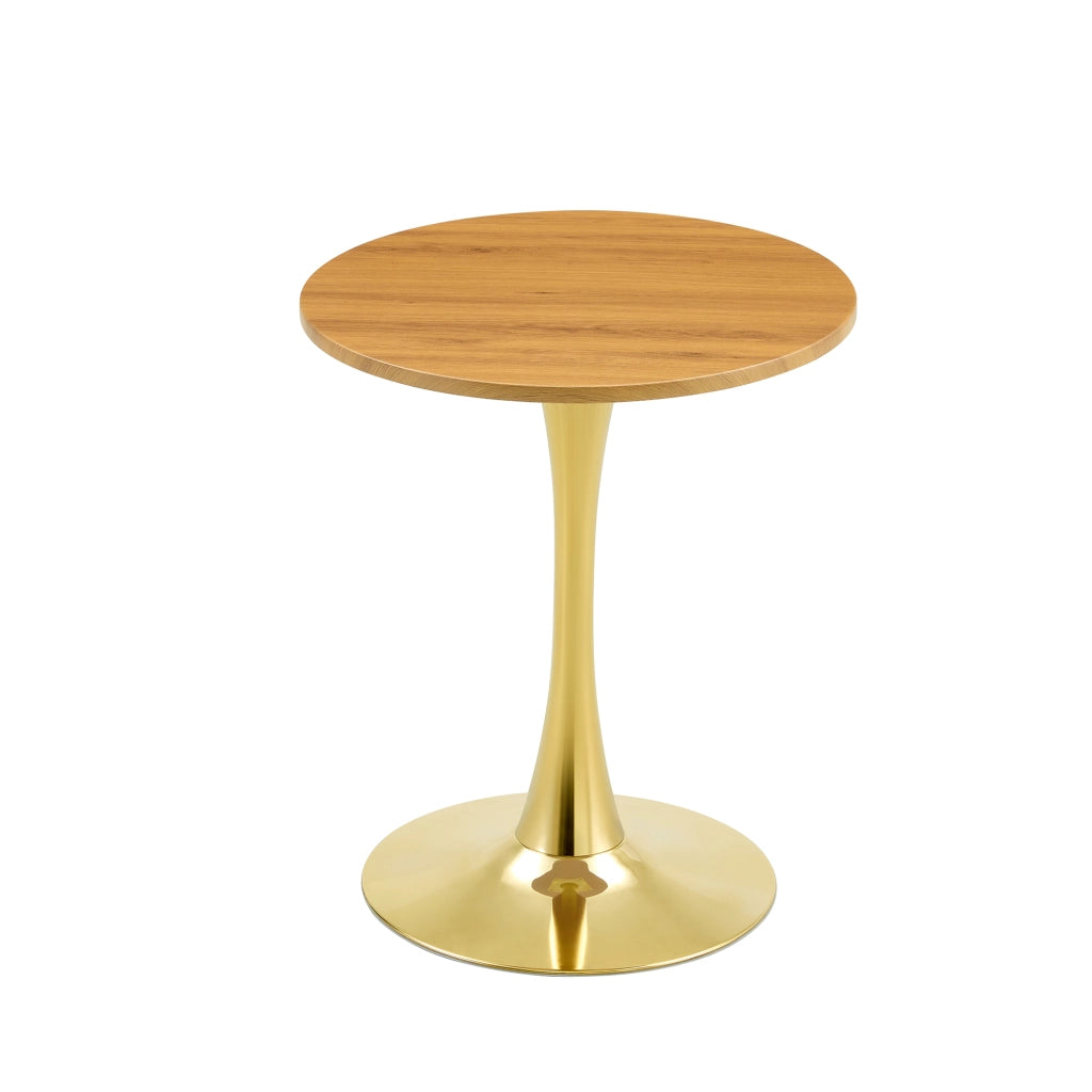 Tavolo rotondo da pranzo per 2 persone con base in metallo dorato e piano effetto legno, per soggiorno, 60 cm