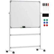 Lavagna Magnetica Bianca a 2 Facce con Accessori e 4 Ruote, in Alluminio e Acciaio, 127x50x165 cm