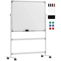Lavagna Magnetica Bianca a 2 Facce con Accessori e 4 Ruote, in Alluminio e Acciaio, 127x50x165 cm