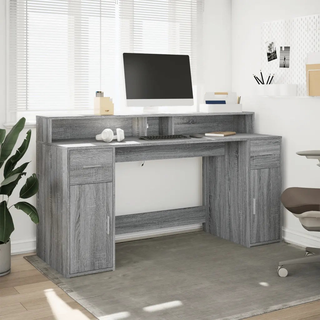 Scrivania con Luci LED Grigio Sonoma 160x55x91cm in Multistrato 3309434