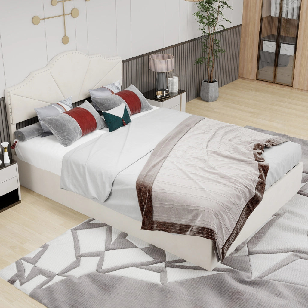 Letto Contenitore Imbottito ¨C MINIMAL ¨C Beige 140x200 con Testiera, Idraulico