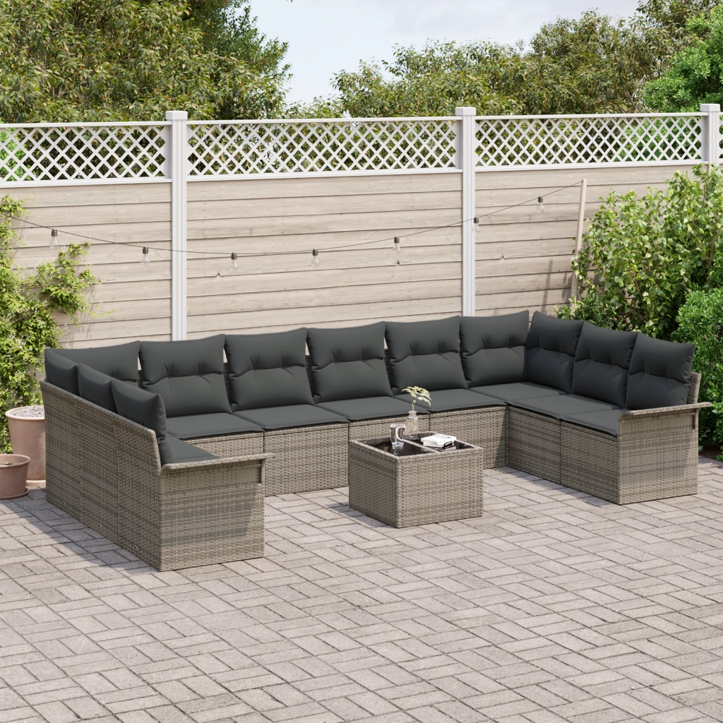 Set di divani da giardino  10 pezzi con cuscini in polirattan nero