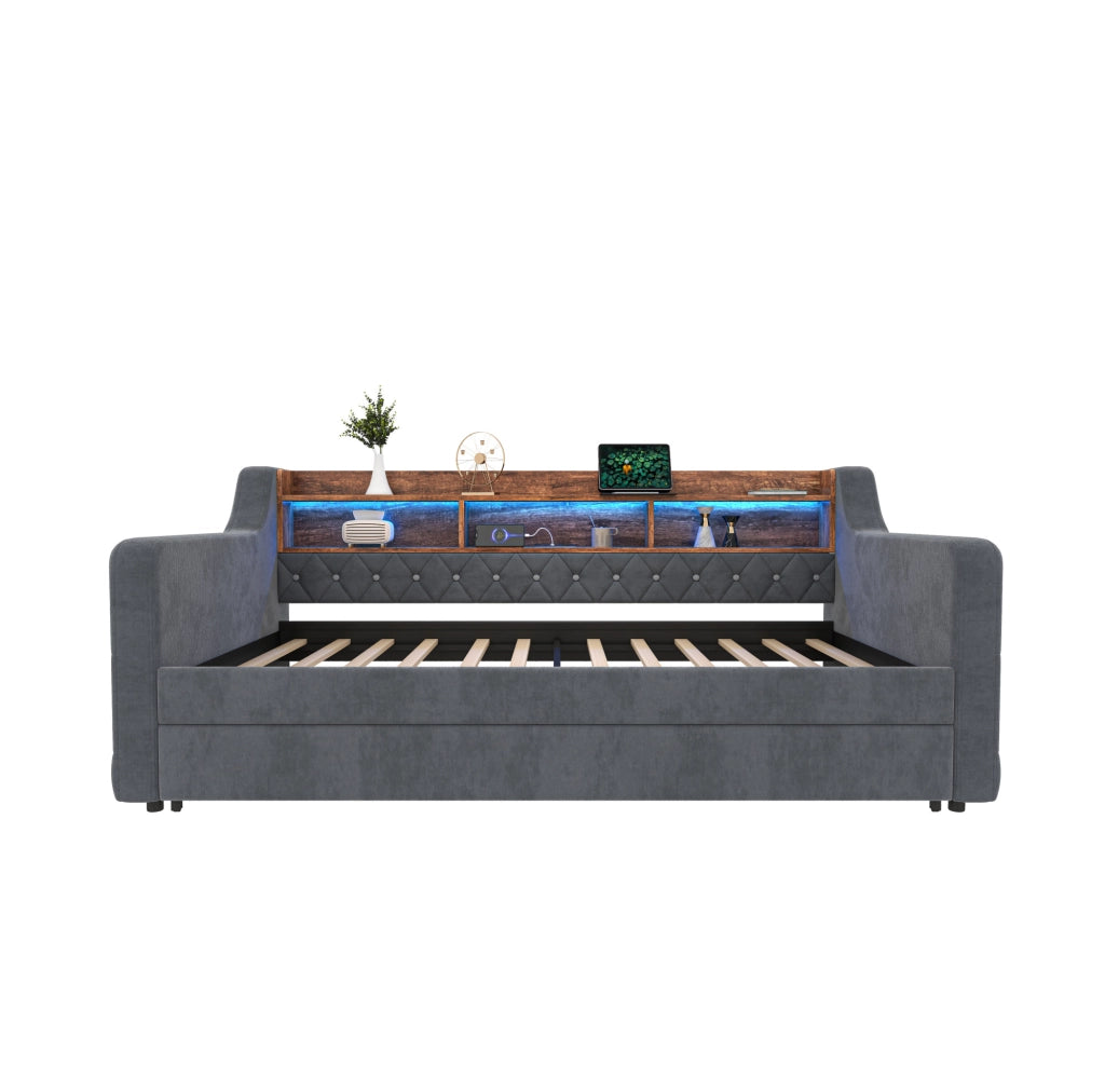 Divano letto 90x190 cm estraibile con contenitore in velluto grigio scuro