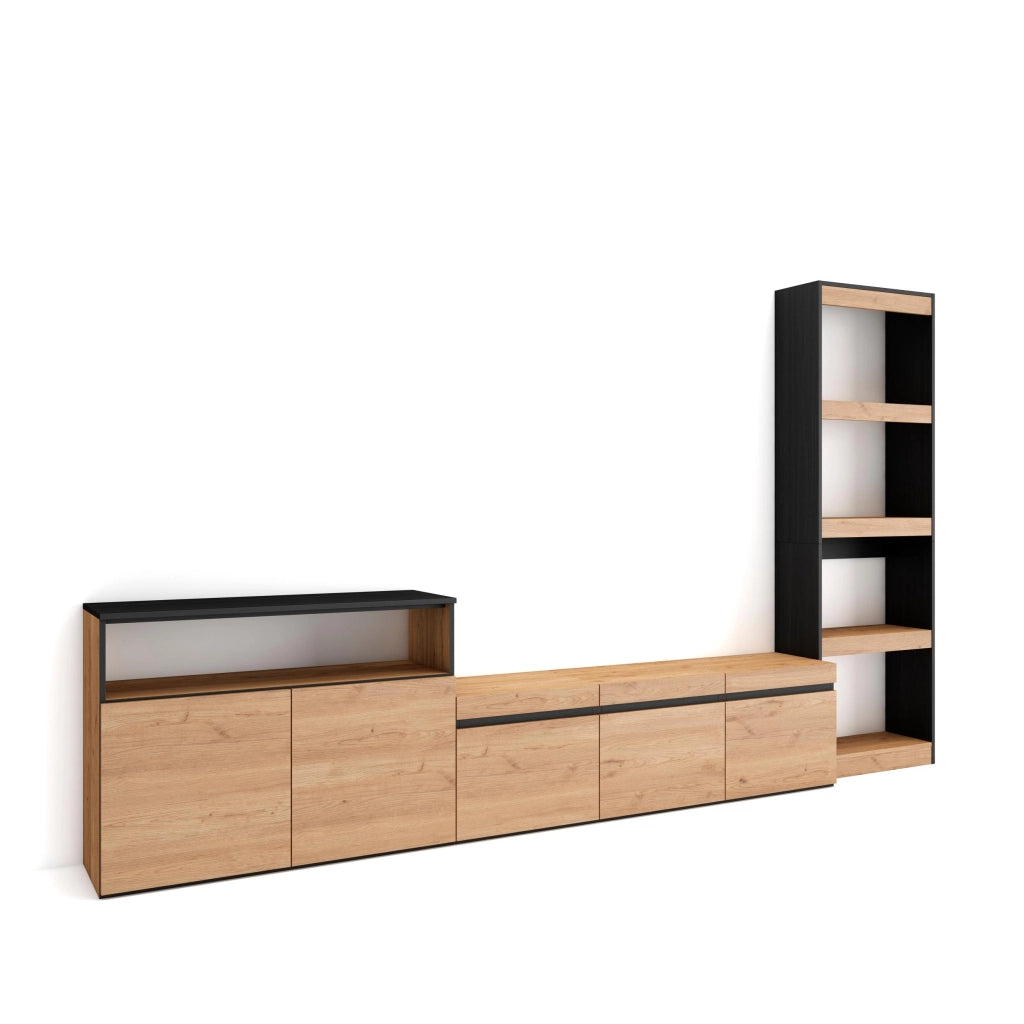Mobile TV, Soggiorno, 310x35x186cm, Per TV fino a 65", Set di mobili, colore Rovere e nero RF3151