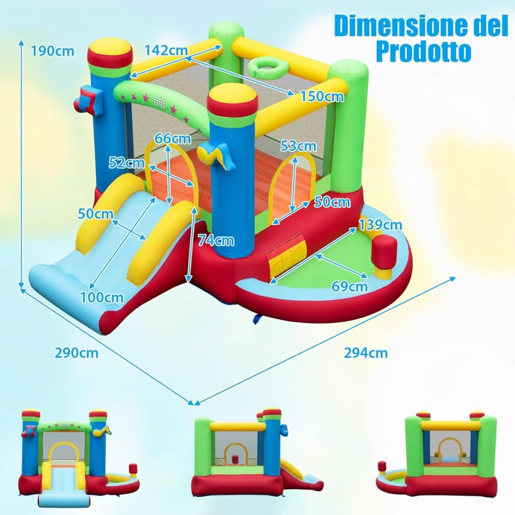 Castello gonfiabile a tema musicale per bambini con scivolo, Gonfiabile interattivo per giardino Colorato