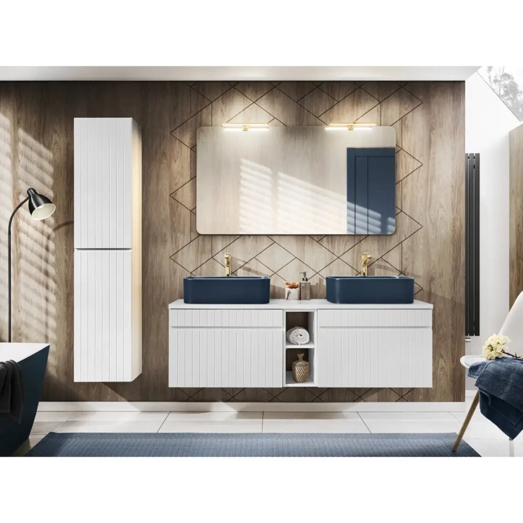 Set ICON bianco: mobili sottolavabo 140cm con nicchie visibili + due lavabi da appoggio blu + specchio + LED + colonna