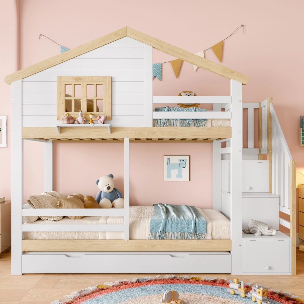 Letto a Castello 90x200 cm con Letto Estraibile; Sponde e Scala contenitore - Bianco