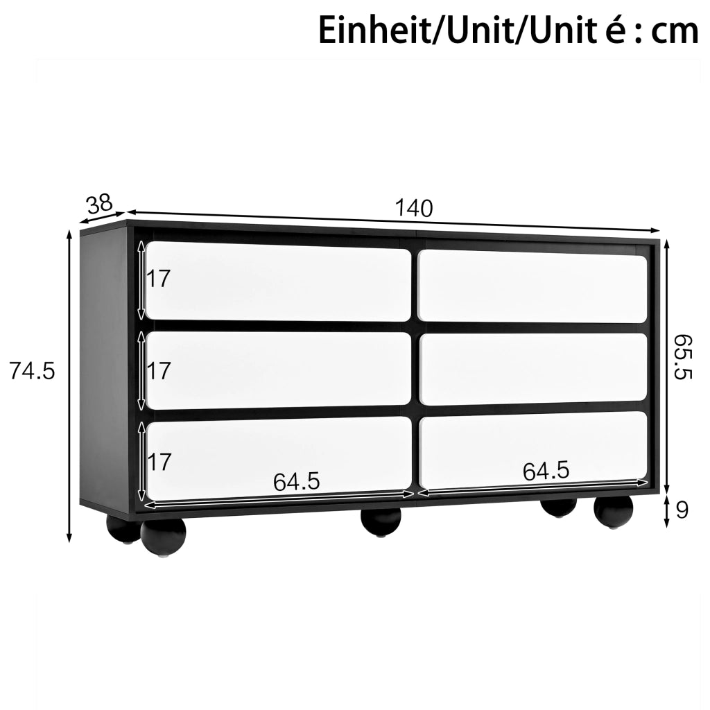 Comò 6 cassetti 140 × 38 × 74,5 cm, Bianco/Nero, in pannello di legno