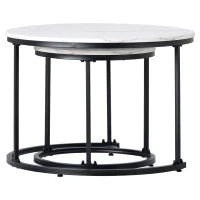 Tavolini da Salotto Rotondi Moderni Impilabili in MDF, con Struttura in Metallo, Dimensioni 50x70.5 cm+45.5x44 cm, Colore Marmo