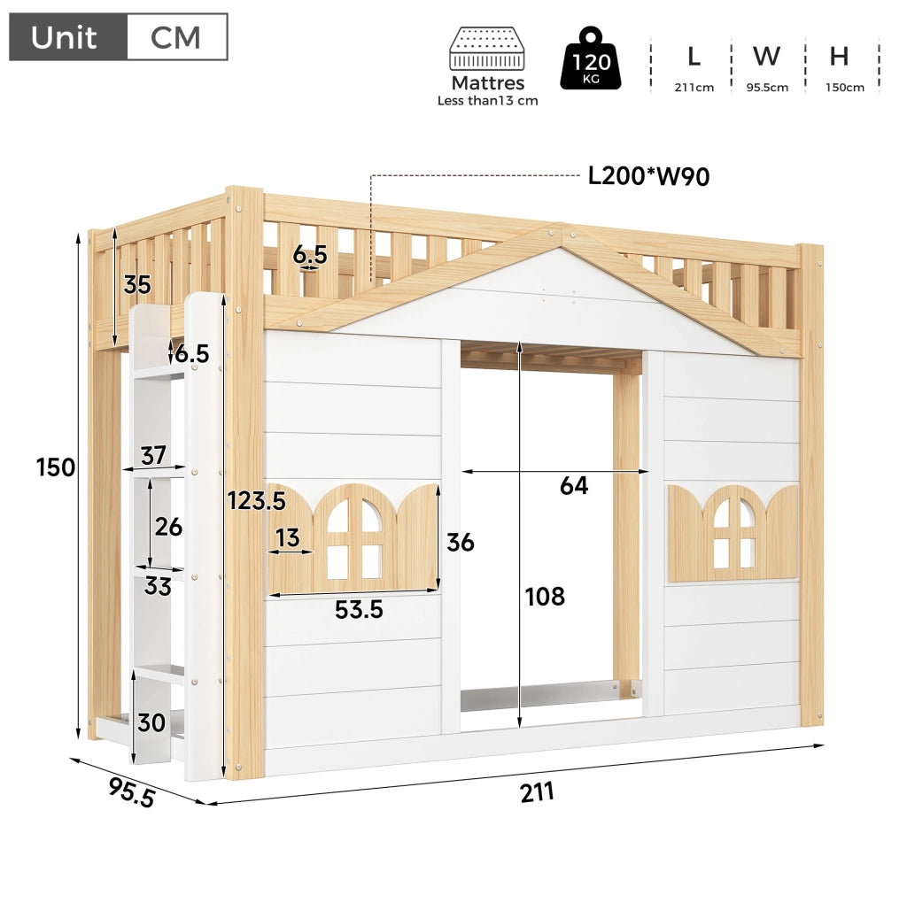Letto a soppalco 90x200 cm con finestra e scala reversibile in pino bianco