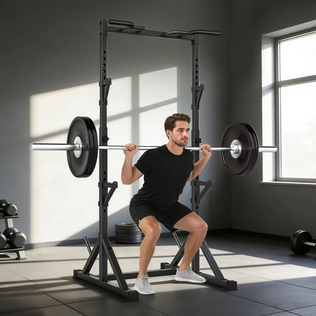 Stazione Multifunzione Squat Rack e Bilanciere 112x100x217 cm con Altezza Regolabile in Acciaio Nero