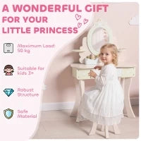Set Toeletta con Specchio e Sgabello in Legno 2 in 1 per Bambini con 7 Accessori Inclusi, Rosa